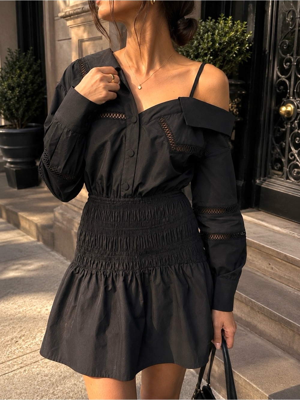 Self-Portrait Black One Shoulder Cotton Poplin Mini Dress US 6
